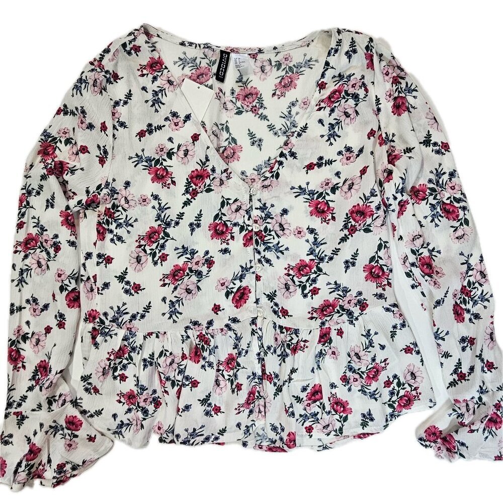 H&M Dividedโ Shirt Womens 4 White Pink Floral Ruffle Peplum Button Front Top